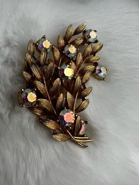 Vintage Prestige Gold Tone Brooch w/ Aurora Borealis Stones